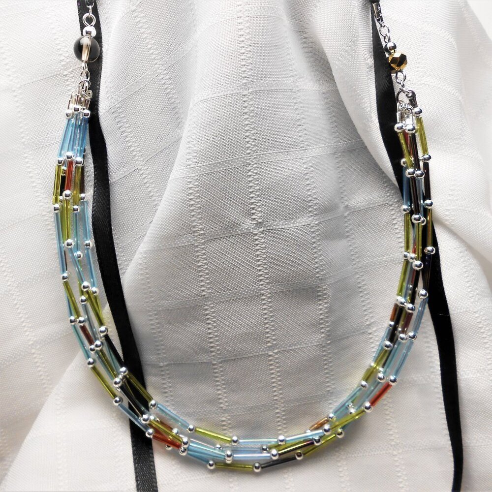 Handmade ribbon necklace with 3mm glass and metal beads - No.214